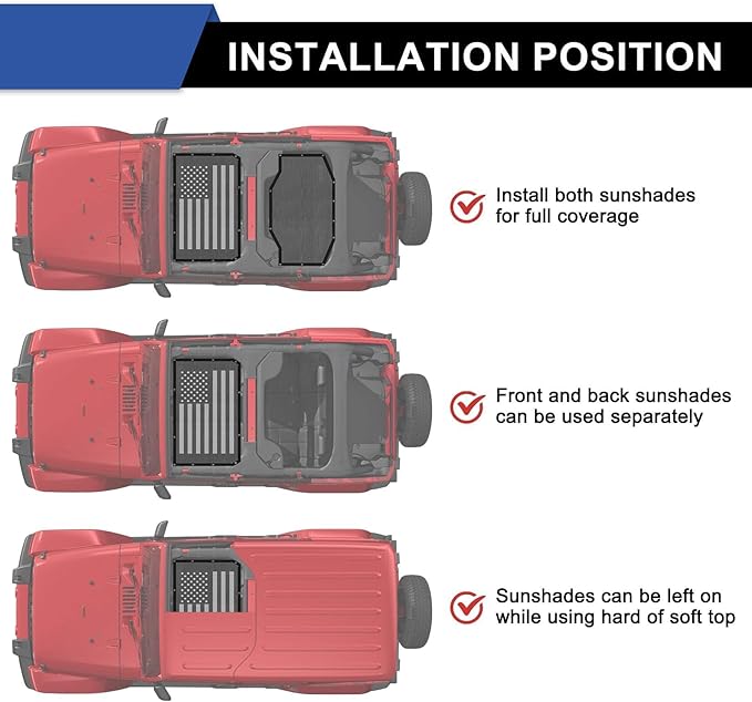 Sunshade for Jeep Wrangler JL JLU 4 Door 2018-2023 Mesh Top Cover Sunroof Screen Bikini Soft Shade with UV Blocker, American Flag, Front & Rear (2 Pcs)