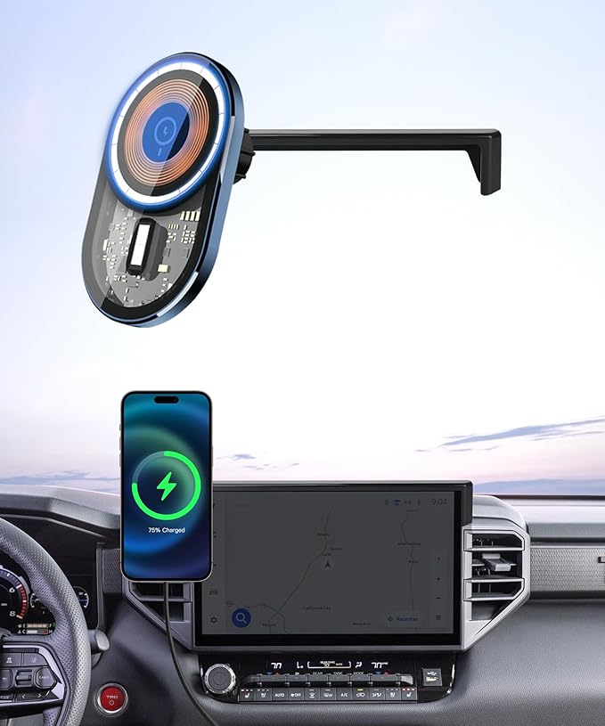 Wireless Charging Car Phone Holder for Toyota Tundra 2022-2026 / Sequoia 2023-2026, 14" Screen Fixed Clip, 360° Rotation Car Phone Mount Compatible with MagSafe