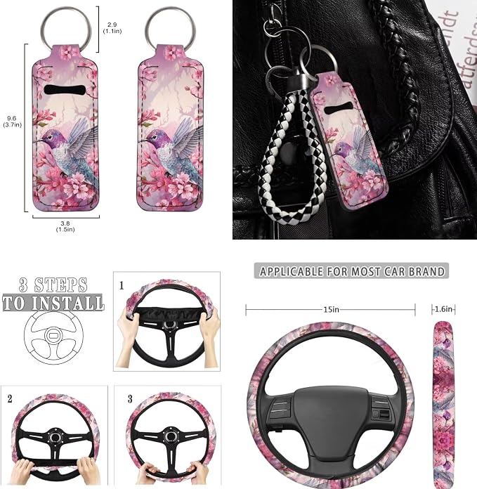 Hummingbird Car Seat Cover Accessory,11Pack Auto Seat Covers for Front Back,Universal Fit Most Vehicle Truck SUV,Auto Steering Wheel Cover Seatbelt Pads Keychain Cup Holder Coasters