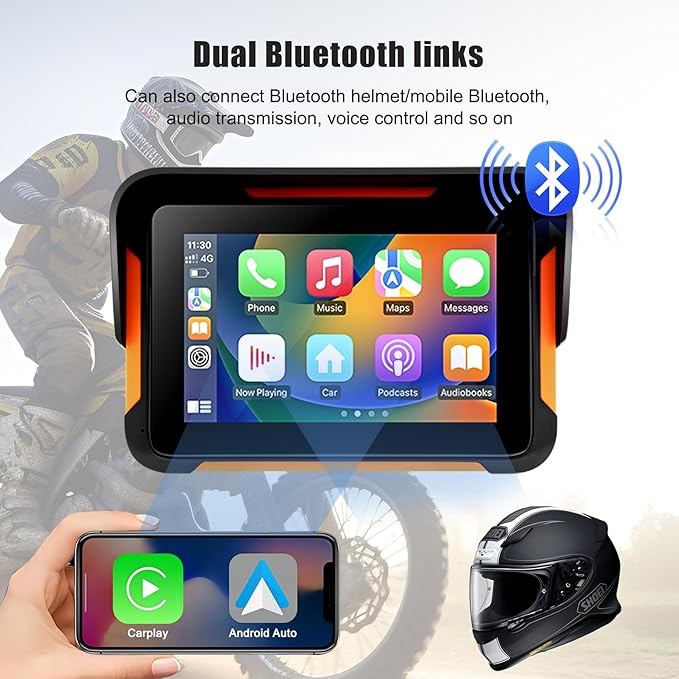 Car Stereo for Motorcycle, Universal Motorbike Wireless CarPlay & Android Auto GPS Navigation Dual Bluetooth, 5 Inch IPS Touchscreen Waterproof & Dustproof IP67 Navigator EQ System Voice Control