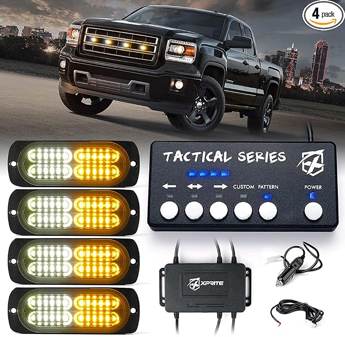 Xprite Surface Mount Strobe Lights Kit with Control Panel, Amber White Grill Grille Side Marker Flashing Emergency Warning Light for Trucks Vehicles ATV RV Cars Van 4PCS