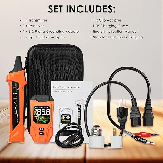 Rechargeable Circuit Breaker Finder & Electrical Circuit Tracer with GFCI Outlet Tester, NCV Voltage Detector, LCD Display, Flashlight, Audible/Visible Alerts, Carrying Case & 3 Adapters, 90-135V AC