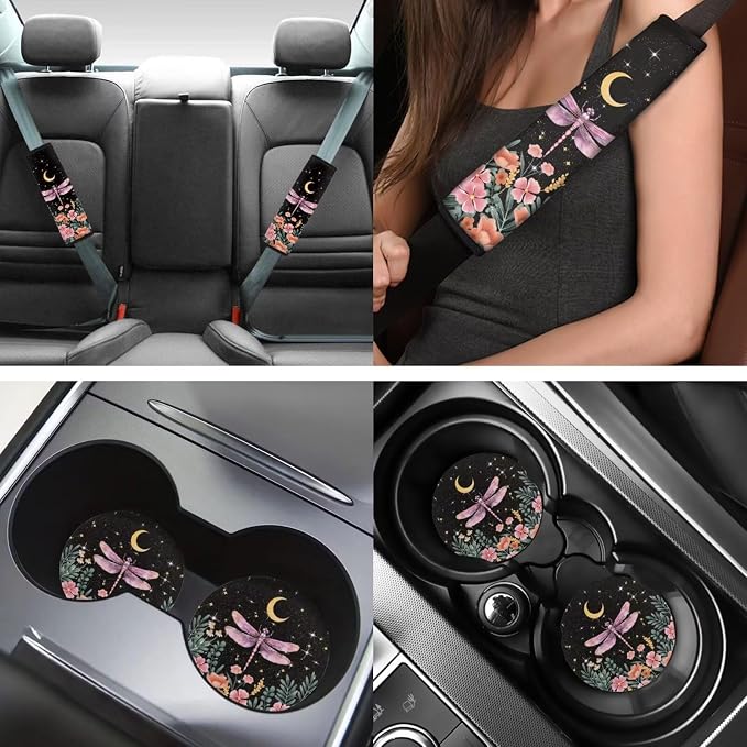 INSTANTARTS Dragonfly Flower 13 Pieces Auto Accessories Car Front & Rear Seat Covers + Steering Wheel Cover + Seat Belt Cover + Keychain + Lipstick Cover + Coaster for Trucks Vans SUV