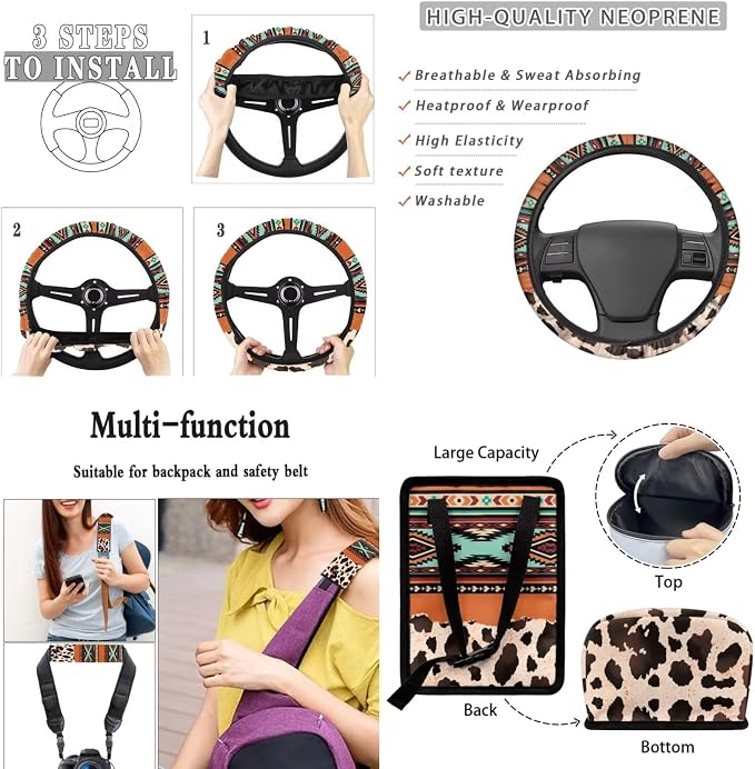 XYZCANDO Tribal Auto Interior Sets 15 PCS Car Seat Cover Set Steering Wheel Cover Seat Car Rear View Mirror Cover Belt Pads Cover Garbage Bag Storage Box Coasters Keychain for Sedans Van SUV