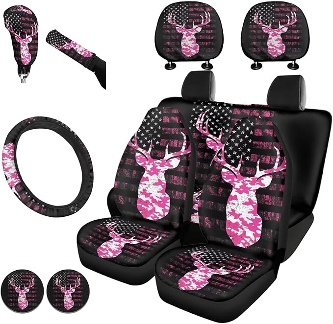 KEIAHUAN Camo Deer Hunting Car Seat Cover Set of 11 Pieces with Handbrake and Gear Shift Knob Cover,Steering Wheel Cover,Cup Coasters Auto Interior Accessories for SUV,Sedan,Truck,Van, Pink