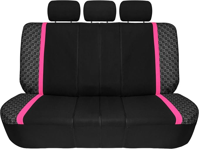 We Are Young Life is Fun™ Checker Car Seat Covers Universal Fit Interior Accessories Full Set Pink Seat Cover Combo Steering Wheel Cover and Seat Belt Pads, Airbag and Split Rear Car Seat Covers