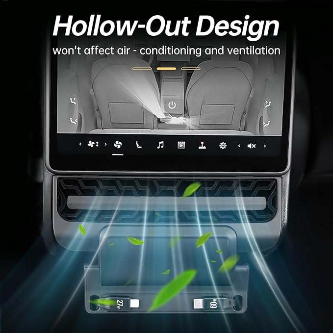 USB Hub for Tesla Model Y Juniper 2025 2026 Model 3 Highland 2024 2025, 87W Multi Port Center Console Fast Charger Rear Vent Air Outlet Expansion Cover Docking Station with Retractable Cables