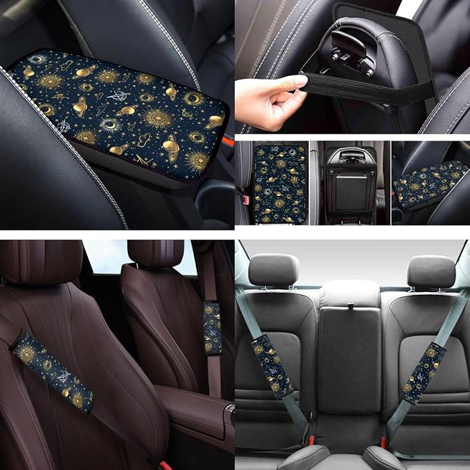 Gothic Sun Moon 12 Pack Car Seat Covers Full Set with Steering Wheel Accessories Car Seat Belt Cover Arm Rest Cover Car Cup Coasters Universal Fit for Most Cars,SUVs