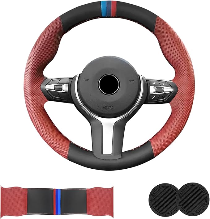 Microfiber Leather DIY Steering Wheel Cover for BMW X5 X2 M F85 X6 M F86 M Sport F30 F33 M3 F80 M4 M5 F82 M2 F87 M6 F12 F13 Accessories, Hand Stitched Full Wrap Steering Wheel Protector (Red)