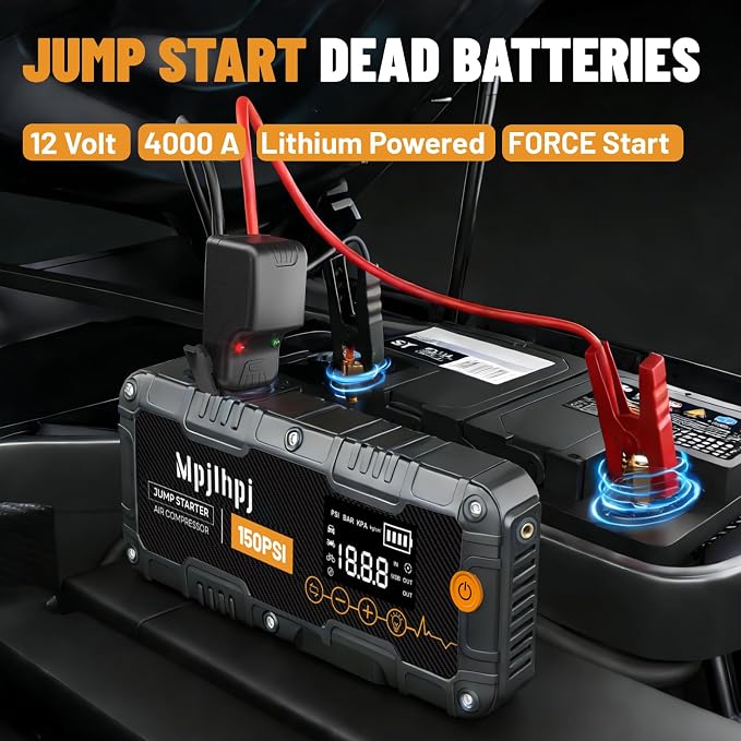 Jump Starter with Air Compressor, 4000A Portable Car Battery Jump Starter (10L Gas/8L Diesel), 12V Jump Pack with 150PSI Auto-Shutoff Tire Inflator, LED Light, Gloves & Car Emergency Kit