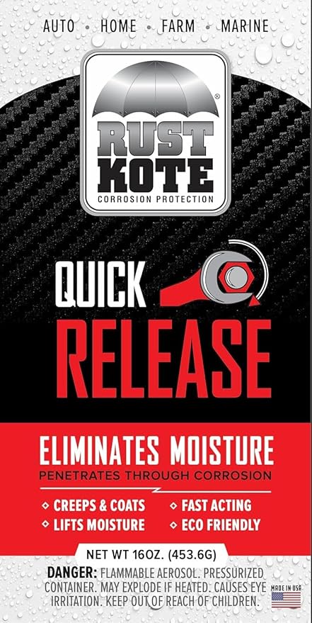 12 Pack-RustKote Quick Release Aerosol 12oz, Penetrating Oil. Corrosion Inhibitor. Loosens Rusted and Stuck mechanisms, loosens Rust/Metal Corrosion and Helps Release Stuck, Frozen, Rusted Metal Parts