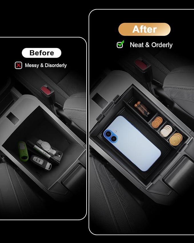 ECOZEN Double-Layer Center Console Organizer For 2022-2026 Ford Maverick - Armrest Box Storage Tray Compatible with 2022-2026 Maverick Hybrid Accessories - Black Solid ABS Anti-Slip Mat