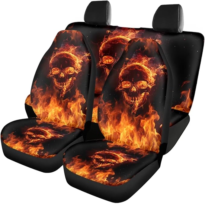 Flaming Skull Car Interior Accessories Set of 18, Car Seat Covers Full Set with Auto Steering Wheel Cover Floor Mats Seat Belt Pads Armrest Pad Handle Wraps Keychains Cup Coasters