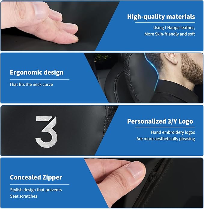 Nappa Leather Car Neck Pillow for Tesla Model Y Model 3 Juniper/Highland Headrest Pillow Memory Foam Ergonomic Design Breathable Height Adjustable Accessories (Black-1 pc-3)