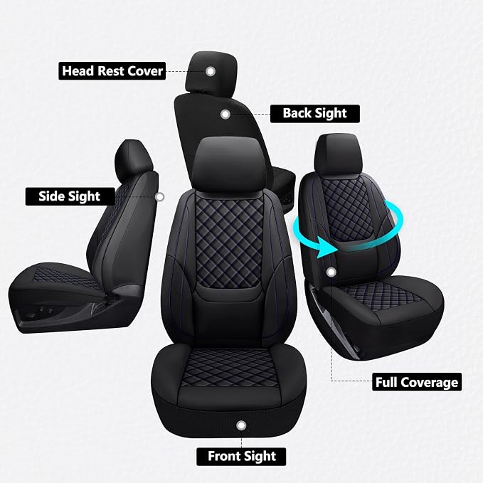 Silverado Seat Covers 2007-2026 Front Pair, Truck Interior Sets Custom Fit for Chevy Chevrolet Silverado GMC Sierra 1500/2500/3500HD Crew/Double/Extended Cab with Lumbar Support, Black Blue