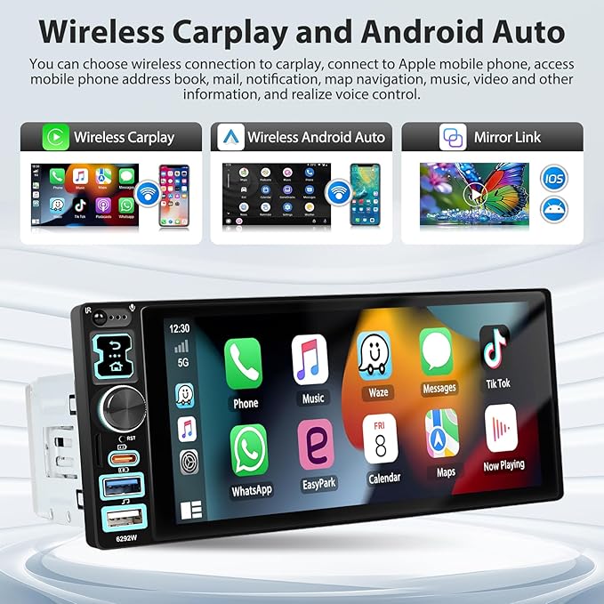 6.8" CarPlay & Android Auto Single Din Car Stereo HD Touch Screen FM Audio Receiver with Bluetooth Handsfree Mirror Link Voice Control Backup Camera/Steering Wheel Control/USB/TF/AUX/MIC
