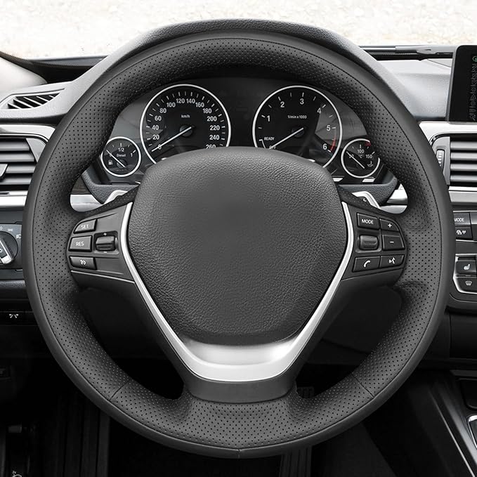 MEWANT Hand Stitch Black Smooth Perforated Faux Leather Steering Wheel Cover for BMW 2Series F22 F23 F30 F34 F32 F33 F36