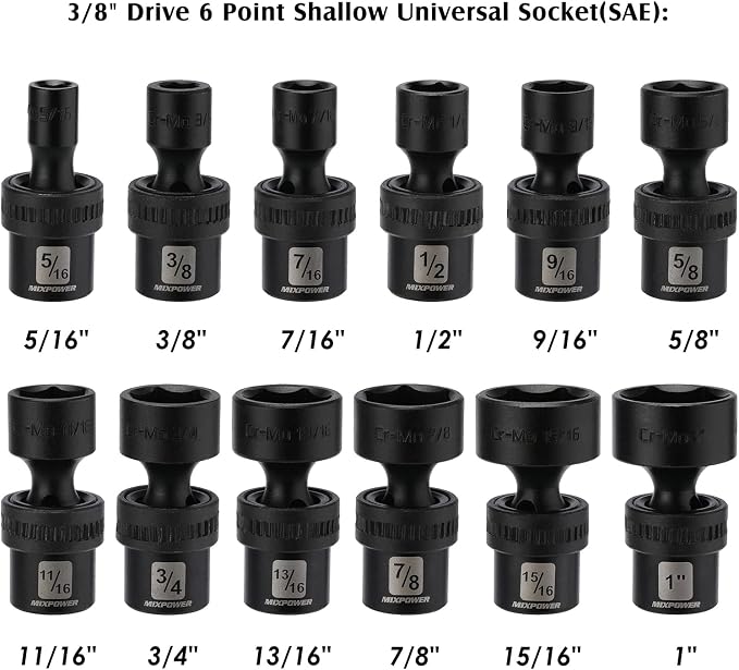 MIXPOWER 3/8" Drive Shallow Impact Universal Joint Swivel Socket Set, SAE, 5/16" - 1", Shallow, Flexible Wobble, Chrome Molybdenum Steel, 12 Pieces Set