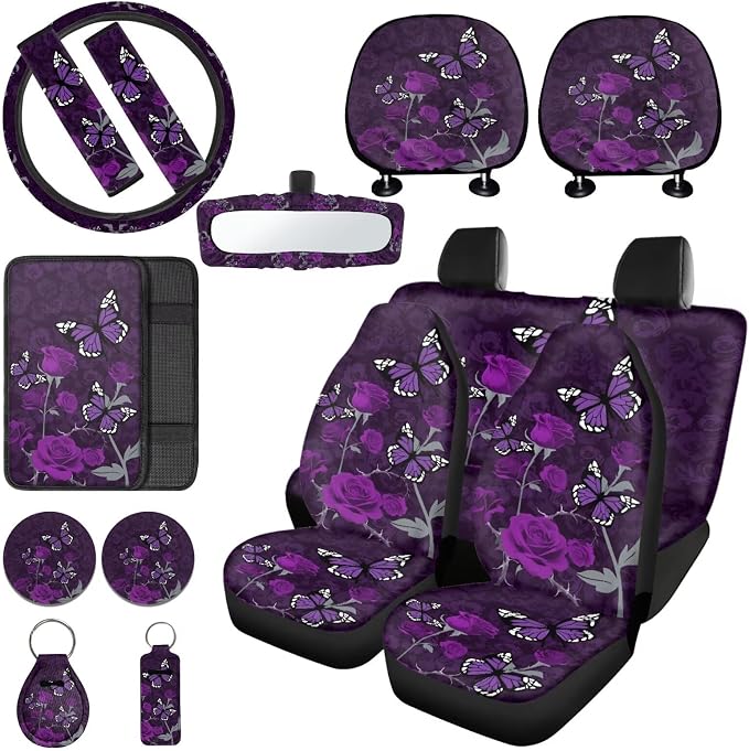 Butterfly Rose Printed Auto Seat Protector Full Set of 15 Car Accessories Set Non Slip Car Steering Wheel Covers Armrest Pad Shoulder Strap Protector, Purple