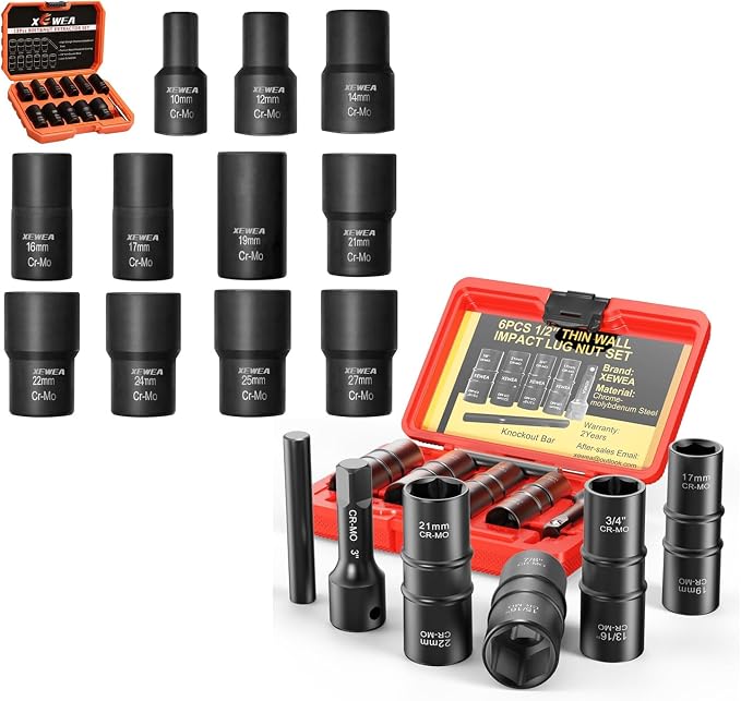 XEWEA 1/2" Drive 12PCS Lug Nut Remover and 6PCS Flip Impact Socket Set, Wheel Lock Removal Kit, Thin Wall Nut Sockets Easy Out Extractor Set for Damaged, Frozen, Rusted, Rounded-Off Bolts