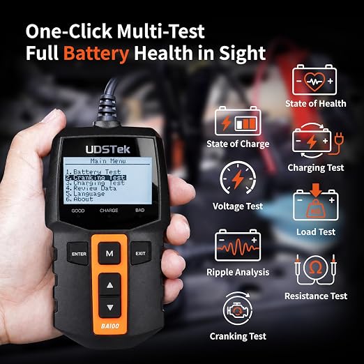 BA100 12V Car Battery Tester, 100-2000 CCA Automotive Load Tester | Diagnose 12V battery, cranking & alternator charging system. Works for cars, motorcycles, trucks, boats, RVs and ATVs.