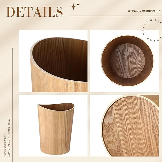 Threehoney 2 Pack 2.3 Gallons Wood Trash Can Wastebasket Natural Wood Round Wastebasket Small Trash Bin for Home, Office Under Desk, Kitchen, Bedroom, Den, Hotel, Room(Light Wood,Wavy)