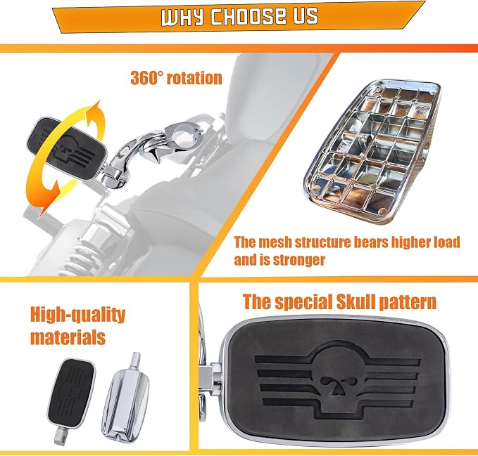 Kinglemc Front Rider Rear Passenger Position Floorboards Footboard Footpeg for Harley Dyna Touring Softail Sportster 883 1200 (Silver, Skull 7.2 * 2.5")