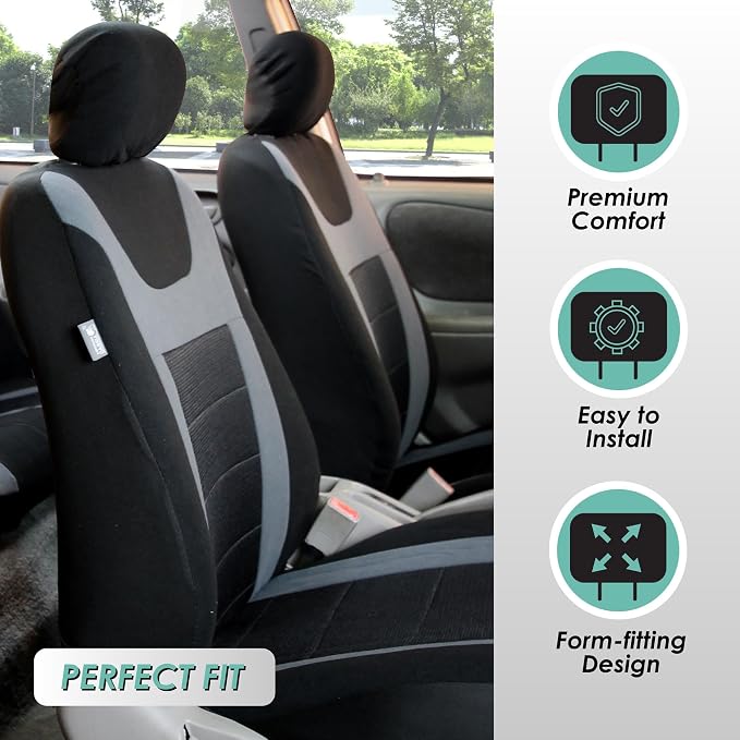 FH Group Car Seat Covers Universal Fit Full Set Interior Accessories, Sports Gray Seat Covers with Airbag and Split Rear Automotive Combo Vinyl Floor Mats Seat Covers for Cars Vans Trucks and SUV