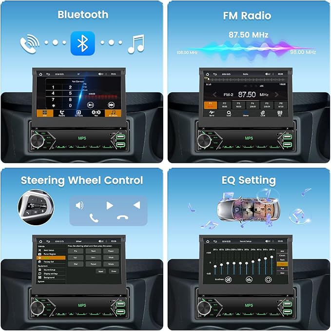 [Stable AM Radio] Hikity 7'' Single Din Car Stereo Carplay Android Auto, 7in Flip Out Touch Screen Car Radio Bluetooth Car Audio Receiver, SWC/Mirror Link, FM/EQ, Dual USB/Type-C, Free Backup Cam+Mic