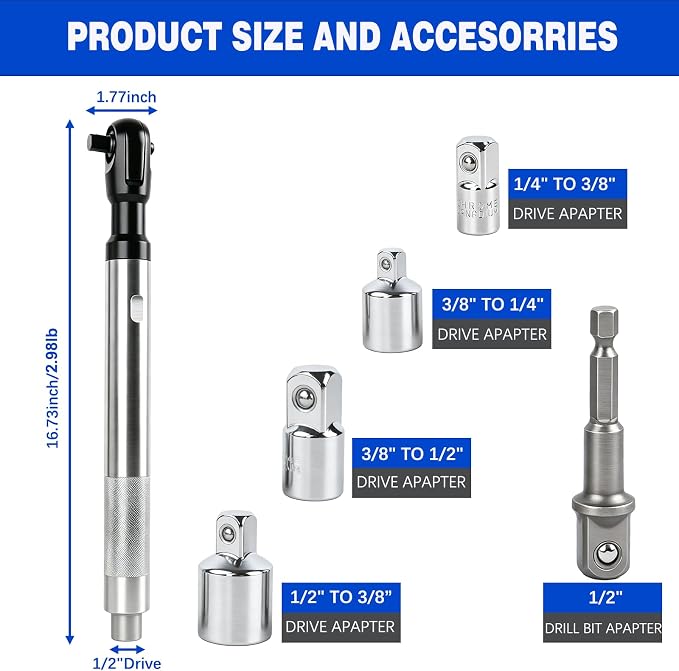 1/2" Offset Extension Wrench for Electric with Versatile 3/8", 1/4" Square Drive Adapters Impact Ratchet Extender, for Tight Spaces