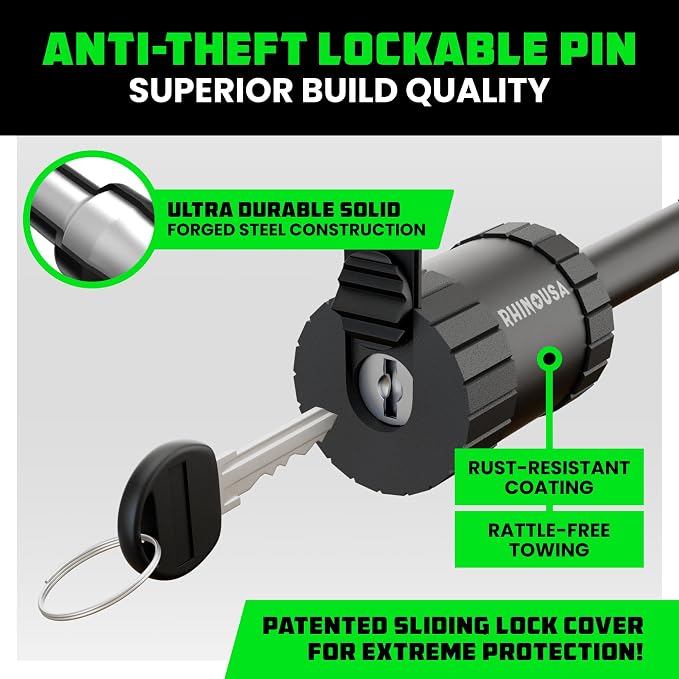 Rhino USA 3” Trailer Hitch Pin – Patented 5/8" Locking Receiver Pin for Class V Hitches – Weatherproof, Anti-Theft, Debris-Protected – Tow Truck Ready – Black 1PK