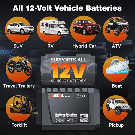 ANCEL BM300 12V Battery Monitor, Bluetooth 4.0 Automotive Voltmeter with Charging, Cranking System Test & Alarm - Compatible for Solar Power Systems, RVs, Motorcycles, Boats, Cars, and Trucks