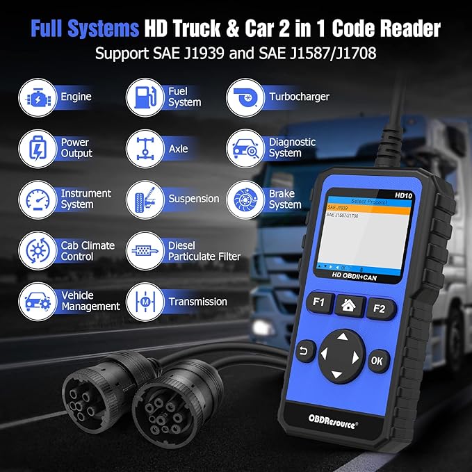 OBDResource Full Systems Heavy Duty Truck Scanner Tool HD OBD/EOBD/OBD2 Automotive Scanner Diagnostic Tool for Truck & Car 2 in 1 Code Reader for Most 12V 24V Diesel Vehicles