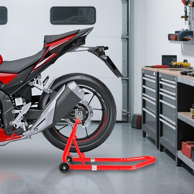 Motorcycle Stand Front and Rear Swingarm Spool Paddock Stand, 500Lbs Capacity Combo Wheel Lift Stand for Sport Bike, Fit for Yamaha Honda Kawasaki Red