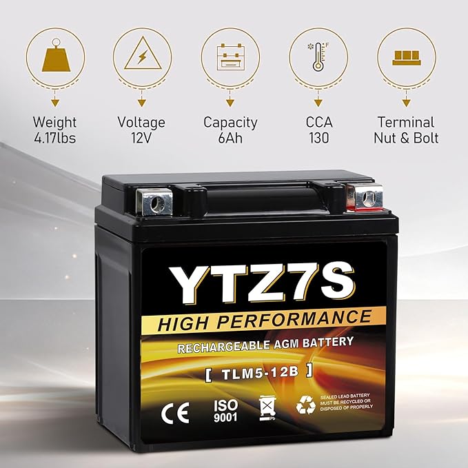 YTZ7S-BS 12V 6Ah AGM Sealed Motorcycle Battery, Maintenance-Free, Compatible with Honda TRX450ER TRX450R ATV, Scooter & 4 Wheeler