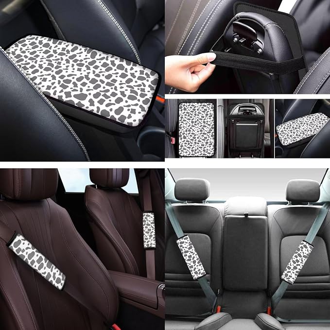 Gray Cow Print 12 Pack Car Seat Covers Full Set with Steering Wheel Cover Arm Rest Cover Car Cup Coasters Auto Seat Belt Cover Easy to Install Universal Fit for Vehicles,Cars,Suvs