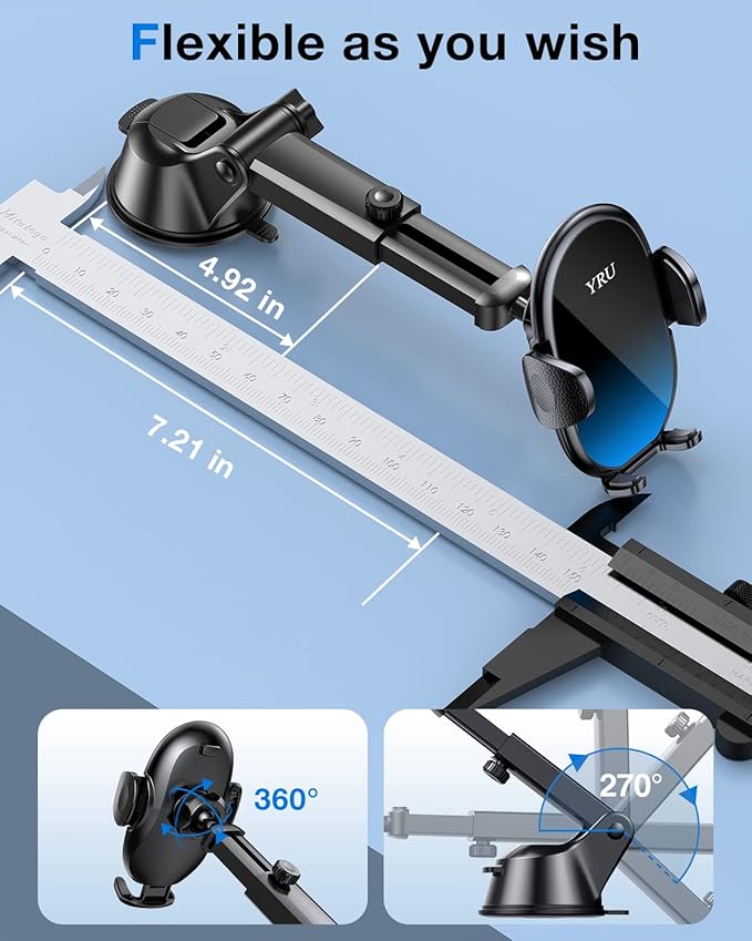 YRU [2025 Upgraded Universal Car Phone Holder Mount【360°Rotatable & Strong Suction】 Cell Phone Car Dashboard Windshield Phone Holder Dash Vent Stand for iPhone 17 16 Pro Max Samsung Truck, Dark Blue