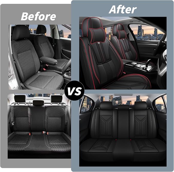 Arazi Fit for 98% of Mazda Seat Covers, 360° Full Wrap Original Seat Cover, Waterproof Nappa Leather Seat Covers with Big Space Storage Pocket Seat Protector（5 Seats Luxury, Black&Red Line）