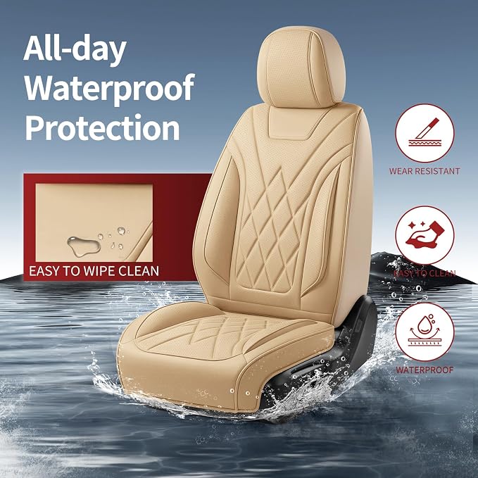 Fit Explorer Car Seat Covers for Ford Explorer 2007-2025 2026 - Luxury Leather, Anti-Slip, All-Weather Seat Cushions, Waterproof & Breathable, Airbag Compatible, Full 5-Seat Set (Beige)