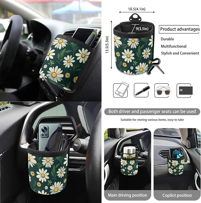 Daisy Print Car Seat Cover Sets for Women Full Set, Universal Front and Rear Split Bench Seat Cover with Steering Wheel Cover Safety Belt Pads Garbage Bag Car Air Vent Organizer