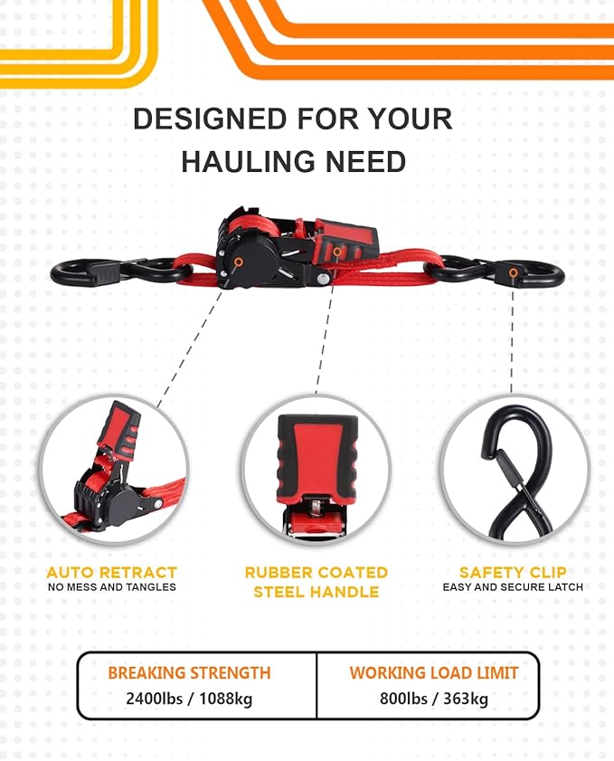 Strapinno Retractable Ratchet Straps - 1 in x 2.5 ft Heavy Duty Adjustable Boat Transom Tie Down, 2PCS, 2400lbs Breaking Strength, Safety S Hooks, for Boat, Jetski, Seadoo, Waverunner, and PWCs (Red)
