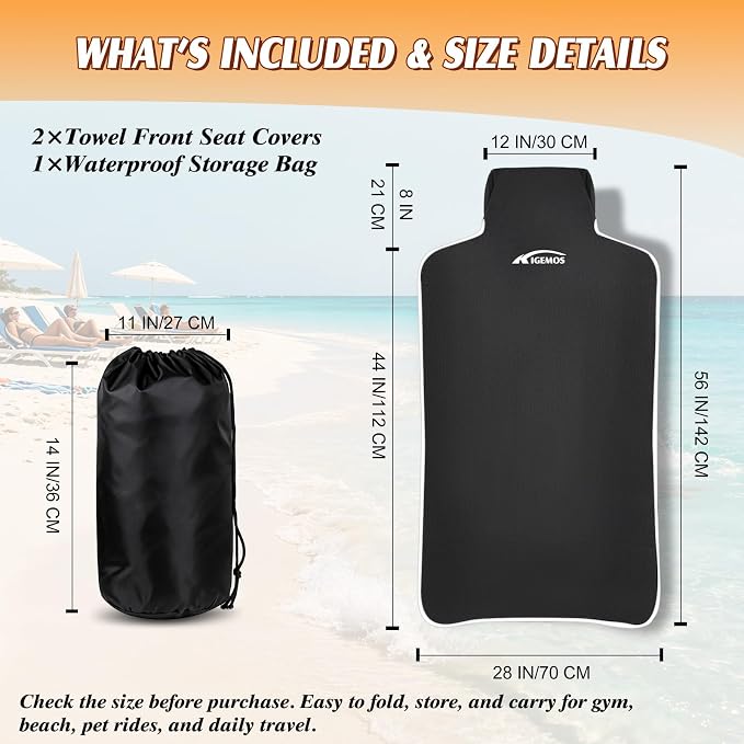 Car Seat Towel Cover, 3-Layer Waterproof Seat Protector with Soft Terry Cloth, Non-Slip Silicone Backing, Absorbent Sweat Cover for Gym, Beach, Pets, Cars & SUVs (Black, 1 Pack)
