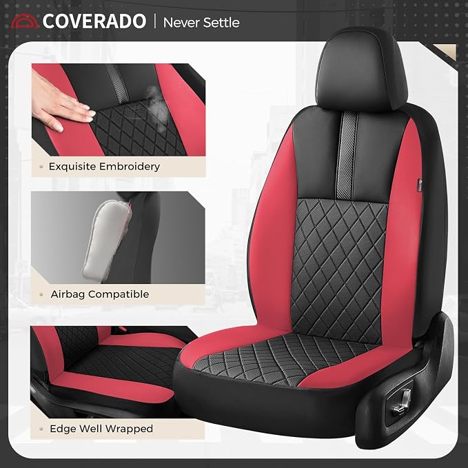 Coverado Car Seat Covers Front Pair, Automotive Leather Seat Covers for Car，Universal Fit Front Back Seat Cover, Non-Slip Waterproof Breathable Car Seat Protector