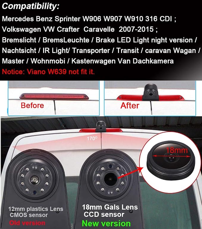 18mm HD Car Third Roof Top Mount Brake Light 3 Rear View Camera Parking Safety Assistant System, Night Vision for VW Crafter Caravelle/Mercedes Benz Sprinter W906 (with 4.3-inch Rearview Mirror)