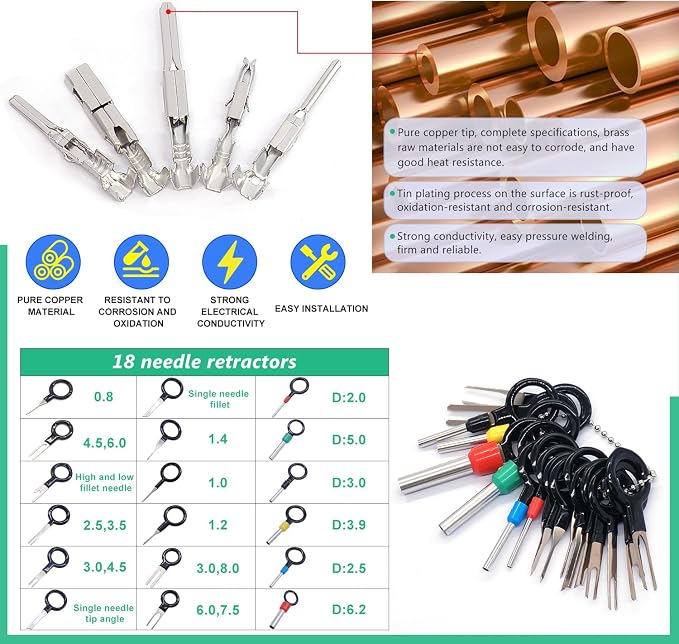 Twidec/535Pcs Car Electrical Wire Terminal Pins Connector Kit 1/1.5/1.8/2.2/2.8/3.5mm 26Type Male&Female Connector Pins Terminal Auto Electric Connectors Non-Insulated Plug Removal Crimp Pins