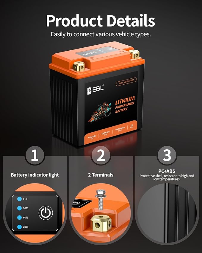 EBL Lithium LiFePO4 Motorcycle Battery 12V 7Ah, 210CCA, ATV, UTV, Jet Ski, 4 Wheeler, Quad, Riding Lawn Mower, Tractor, Scooter, PWC, Seadoo, Polaris and Generator Battery