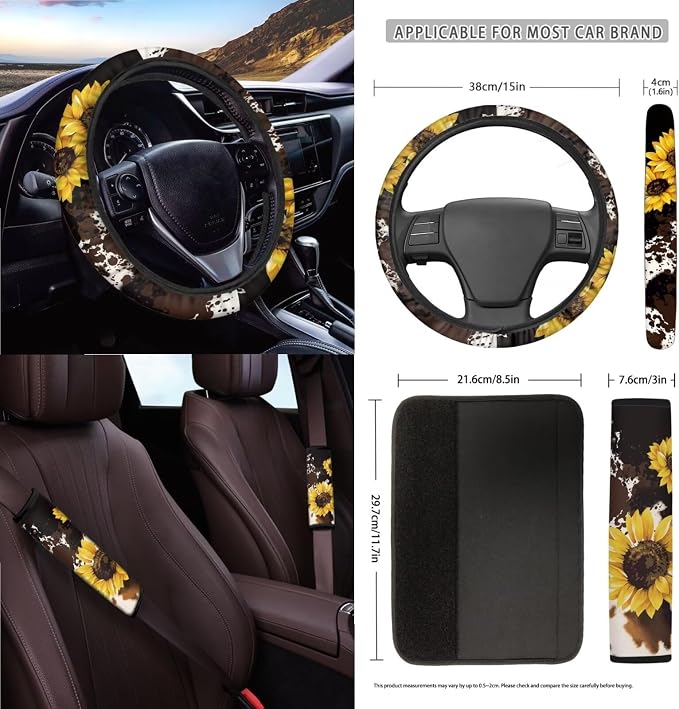 Wanyint Sunflower Brown Cow Print 15 PCS Car Seat Cover Full Set, with Steering Wheel Cover Seat Belt Pad Cover Trash Bin Rear View Mirror Cover Cup Holders Keychain Air Vent Storage Holder Car Decor