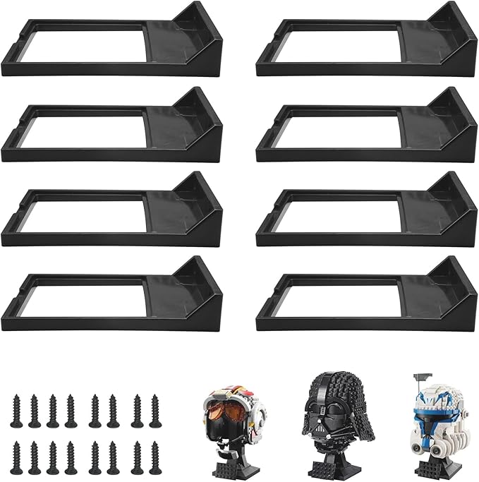 8 Pcs Black Wall Mount Display Stand Fits Lego Helmet, Wall Mount Display Shelf, Compatible with All Standard Lego Helmets, Boba Fett 75277/Tie Fighter Pilot 75274/Stormtrooper 75276
