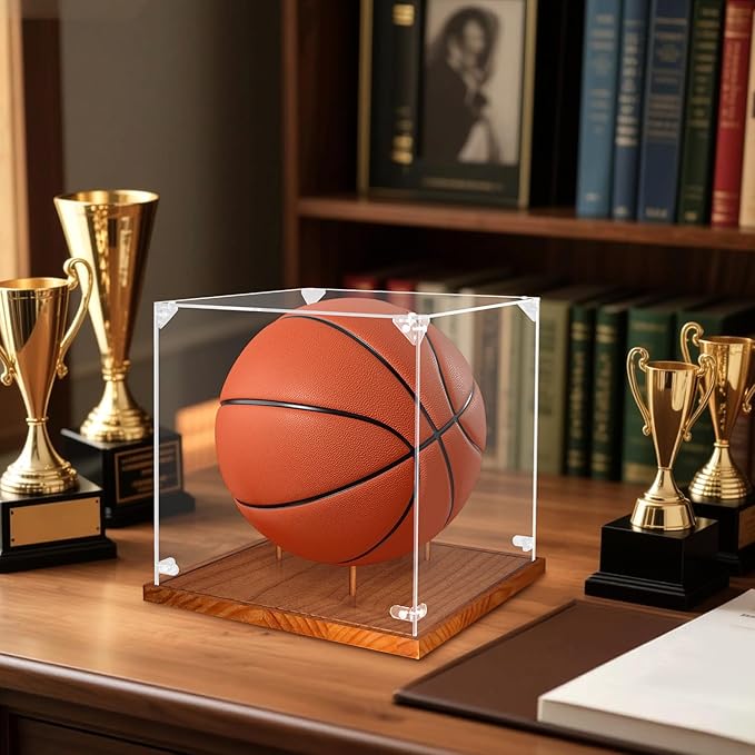 Hooqict Basketball Display Case Acrylic Clear 10" Full Size with Solid Wood Base UV Protected Basketball Holder Display Stand Case Square Box for Sports Collections Autographed Ball Memorabilia Gifts