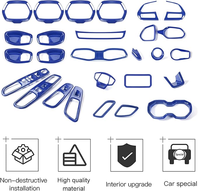 CheroCar 31 PCS Full Set Interior Decoration Trim Kit Steering Button Cover Door Handle Cover Air Outlet Cover Cup Holder Gear Cover Trim Door Speaker Cover for Jeep Renegade 2016-2018,Blue…